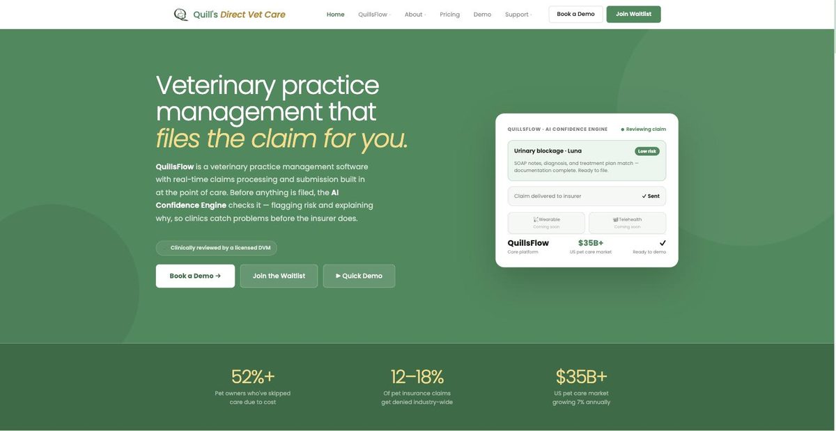 Quill's Direct Vet Care website homepage designed by Kuno Marketing Group